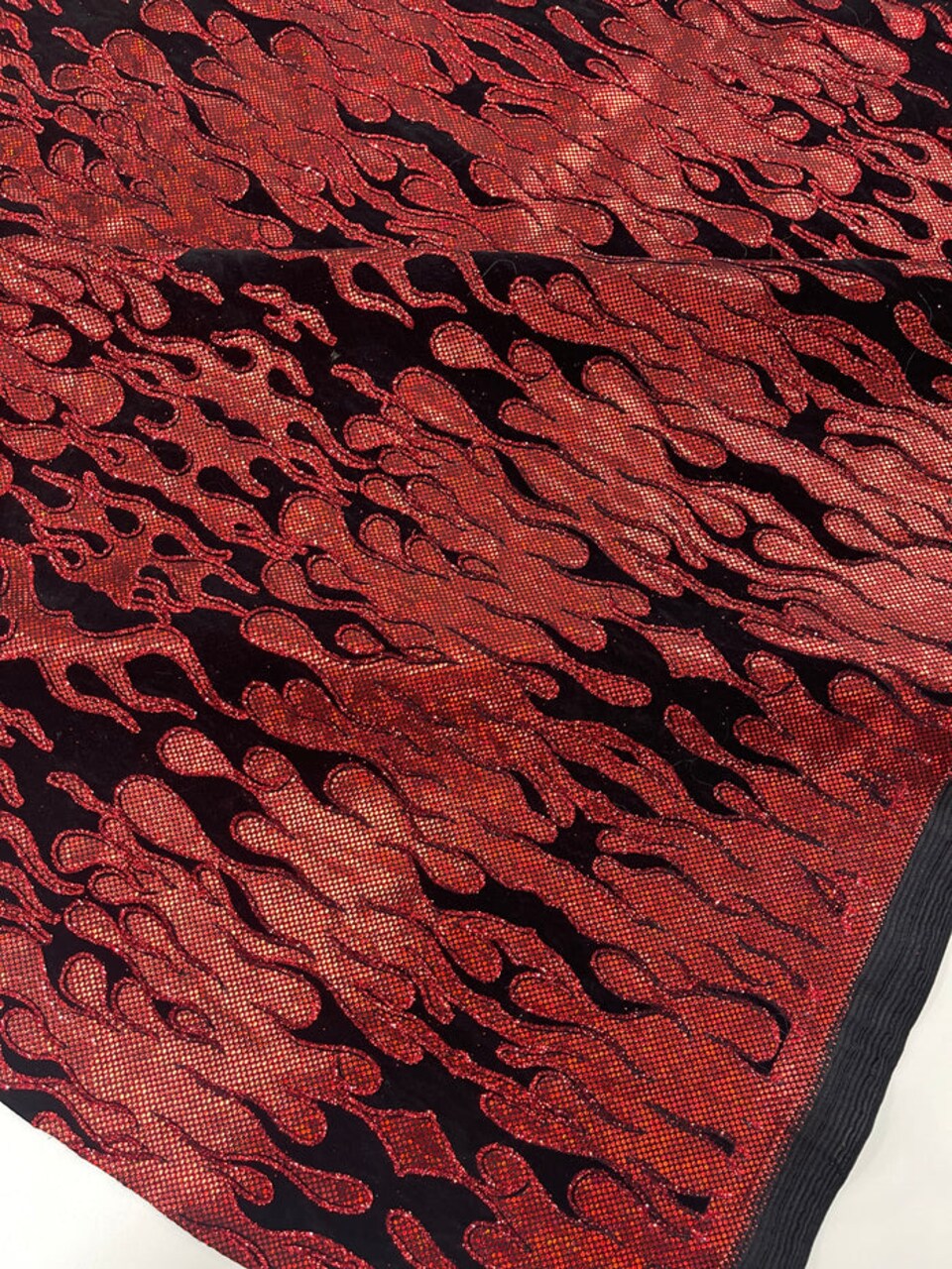 1 Yard Hot Rod Tricot Holographic Spandex Fabric Black Flocking Flames Red Glitter 4 Way Stretch 58-60 inches width